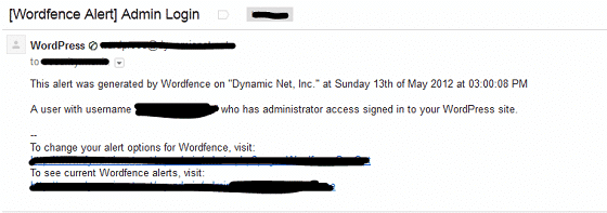 WordFence Security alert administrator logged in